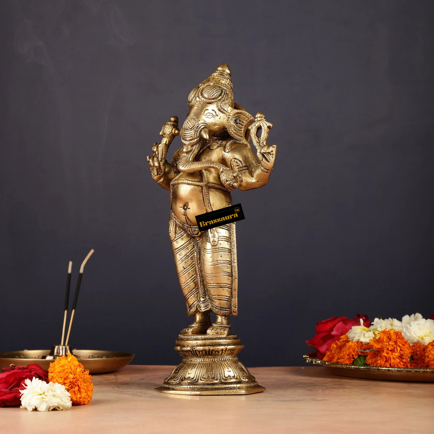 Brassaura™ Brass Standing Ganesha Idol – Height 10 Inches, Weight 2.58 Kgs | Wisdom & Prosperity Statue