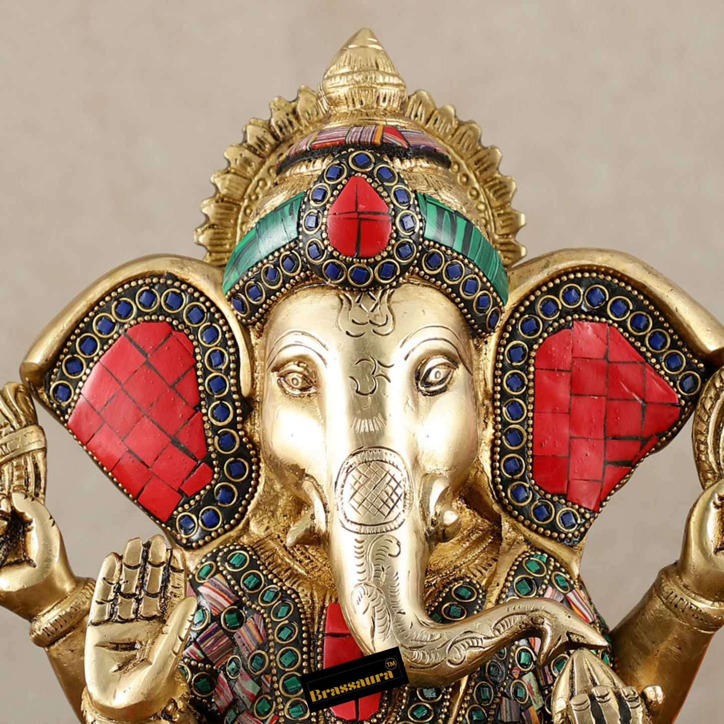 Brassaura™ Brass Lord Ganesha Statue with Meenakari & Big Ears – 10" Height, 5.15 kg – Auspicious & Intricate