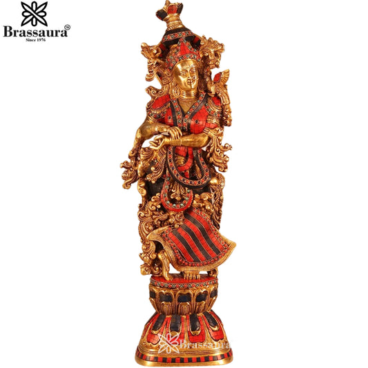 Brass Gem Stone Work Murli Dhari Krishna Murti Weight 16 Kg And Height 30 Inch