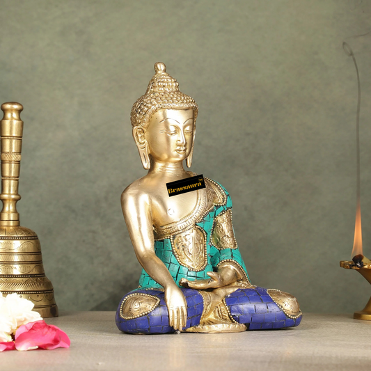 Brassaura™ Brass Buddha Statue with Intricate Stonework – Height 8 Inches & Weight 2 Kgs