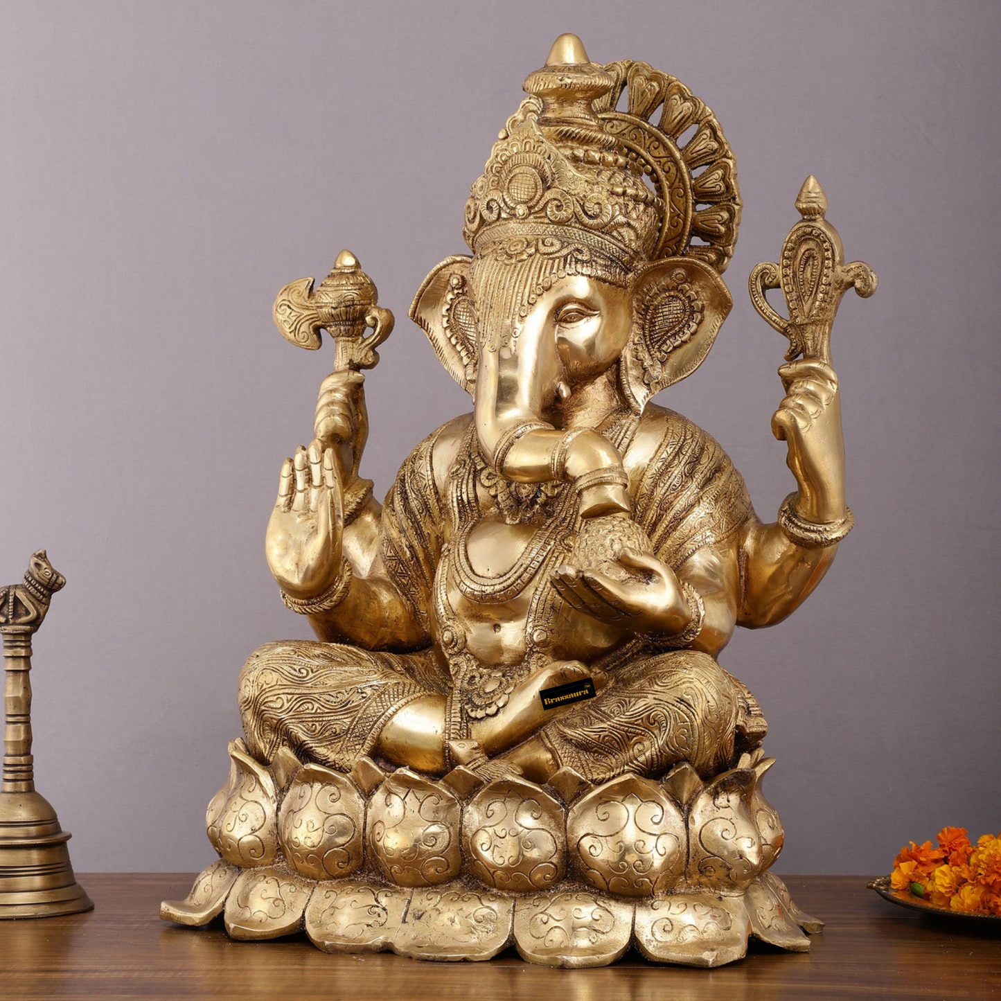 Brassaura™ Brass Ganesha Idol – 22 Inch Height | 27 kg | Grand Decorative Statue for Home & Temple