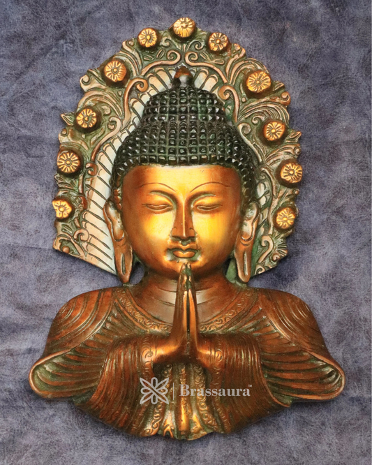 Brassaura® Buddha Face Wall Hanging in Namaste Pose with Vintage Dual-Tone Finish | Pure Superfine Brass Handcrafted Murti | Brass Statue for Home Temple, Pooja Room | Height 9.5 Inches | Weight 1.6 Kgs