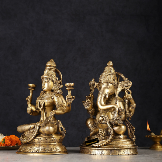 Brassaura® Pure Brass Ganesha Lakshmi Idol Set | Pure Superfine Brass Handcrafted Murti | Brass Statue for Home Temple, Pooja Room | Height 10 Inches | Weight 9.5 Kgs