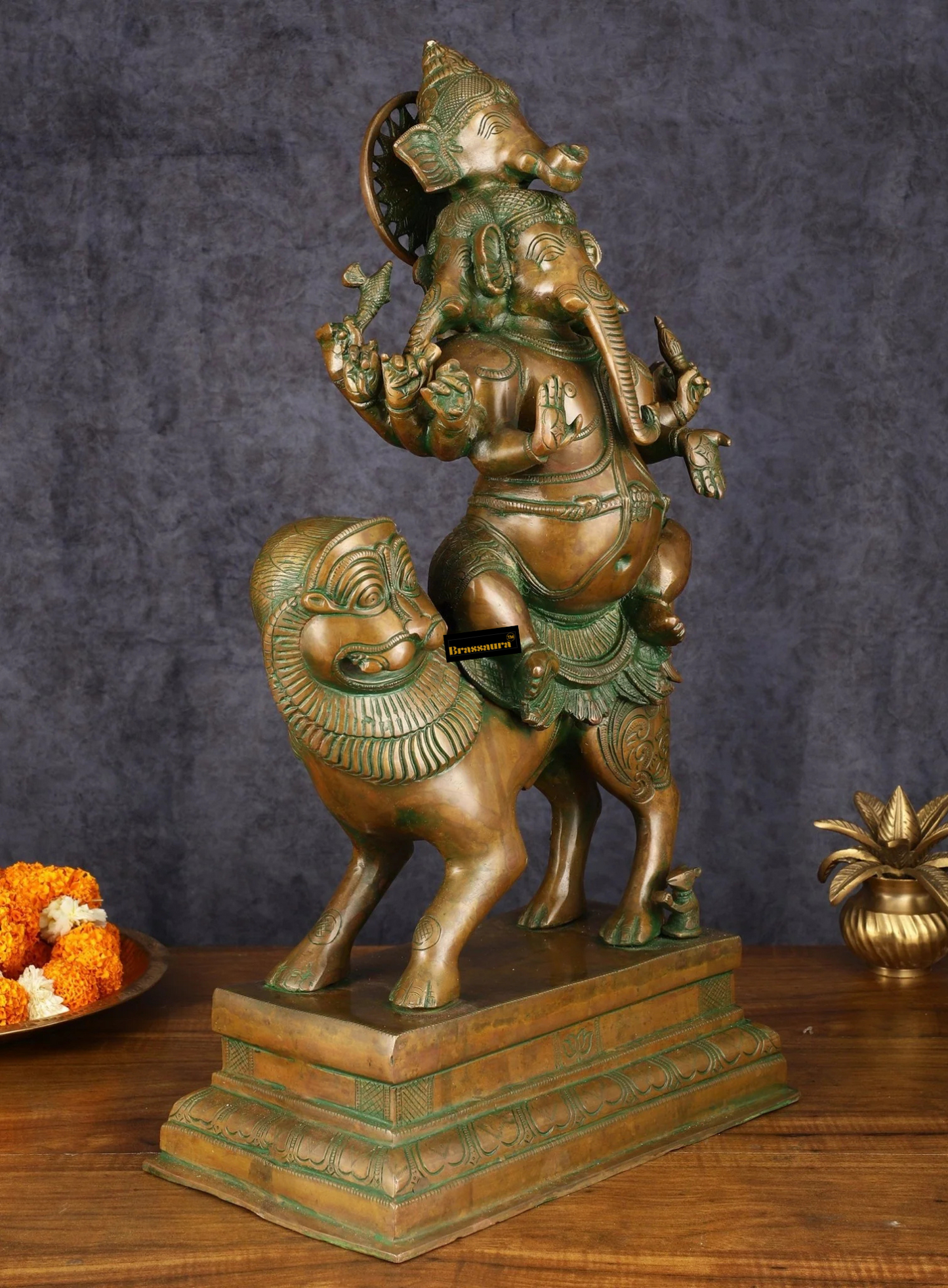 Brassaura™ Heramba Ganapati Brass & Copper Idol – 22.5 Inch Height | 25 kg | Antique Bronze Patina | Five-Headed Ganesha with Lion Vahana