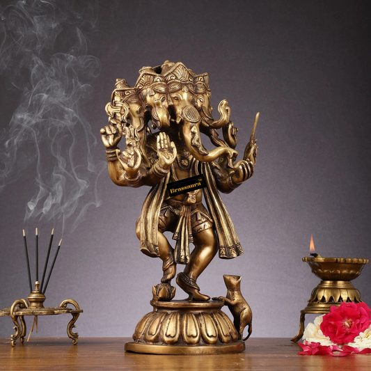 Brassaura® Brass Panchmukhi Dancing Ganesha Statue – Antique Finish | Height 15 Inches