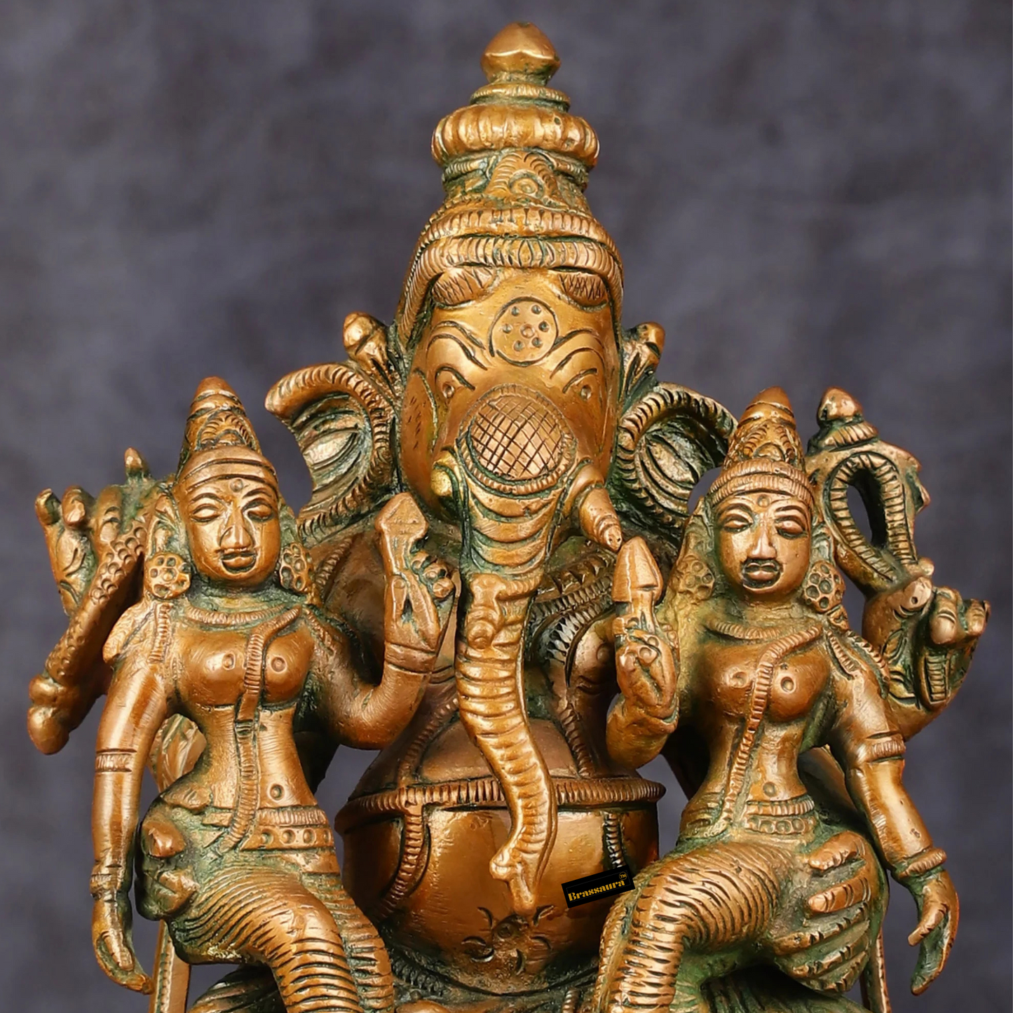 Brassaura™ Pure Brass Ganesha with Riddhi & Siddhi – 7 Inch Height | 2.5 kg | Bronze Finish | Symbol of Prosperity & Spirituality