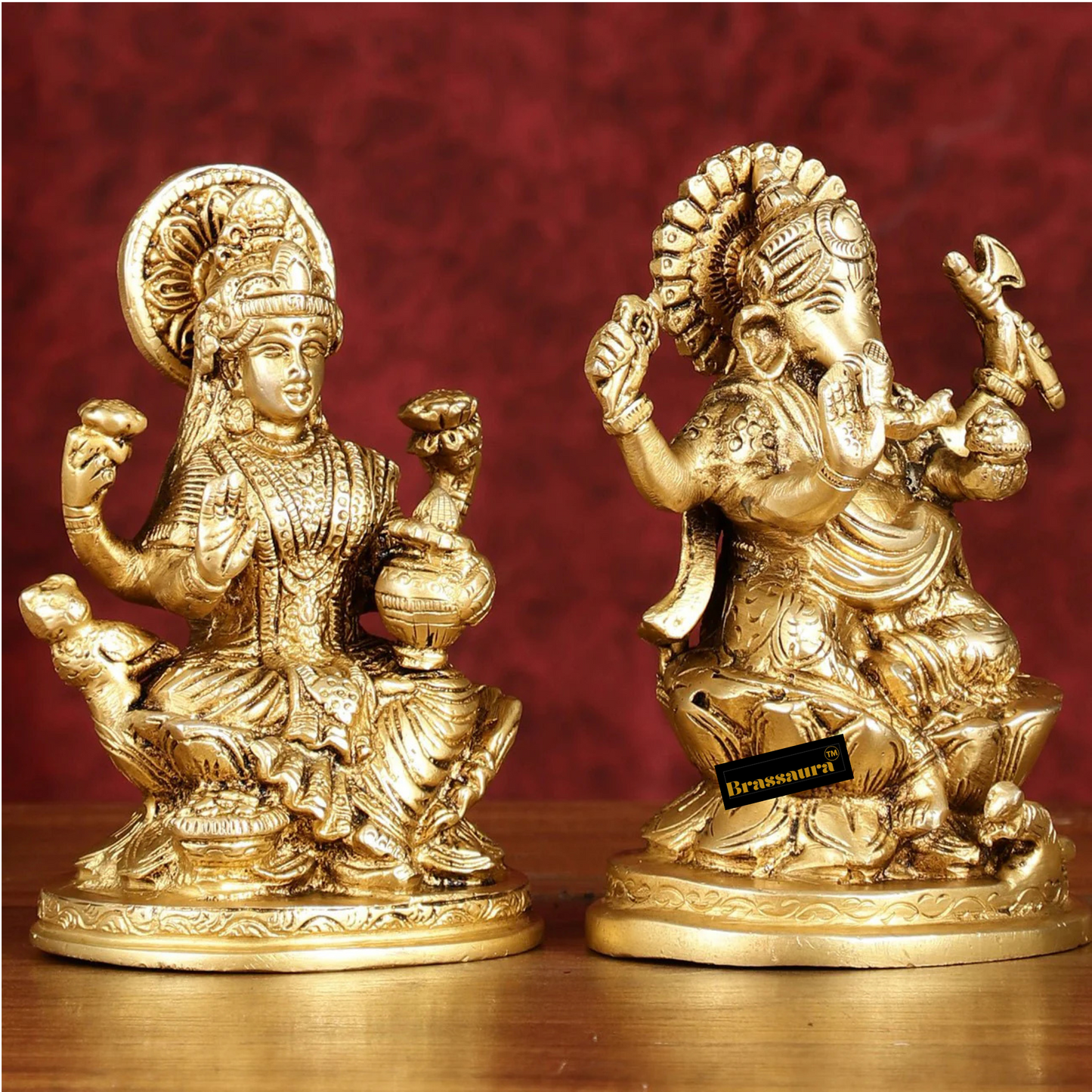 Brassaura™ Brass Duo – Ganesha & Lakshmi Idols | Height 5 Inches, Weight 2 Kgs | Auspicious Set