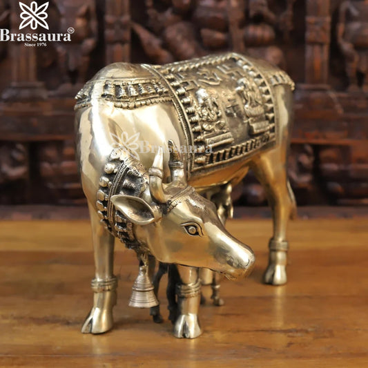 Brassaura™ Brass Kamdhenu Cow & Calf Idol – Height 12.5 Inches & Weight 15.12 Kgs | Handcrafted Pooja Sculpture