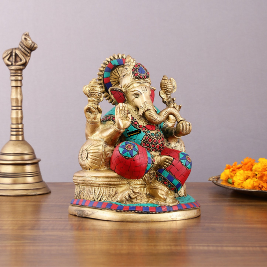 Brassaura™ Pure Brass Lord Ganesha Statue with Meenakari Stones – 8" Height, 3.5 kg – Elegant Spiritual Décor
