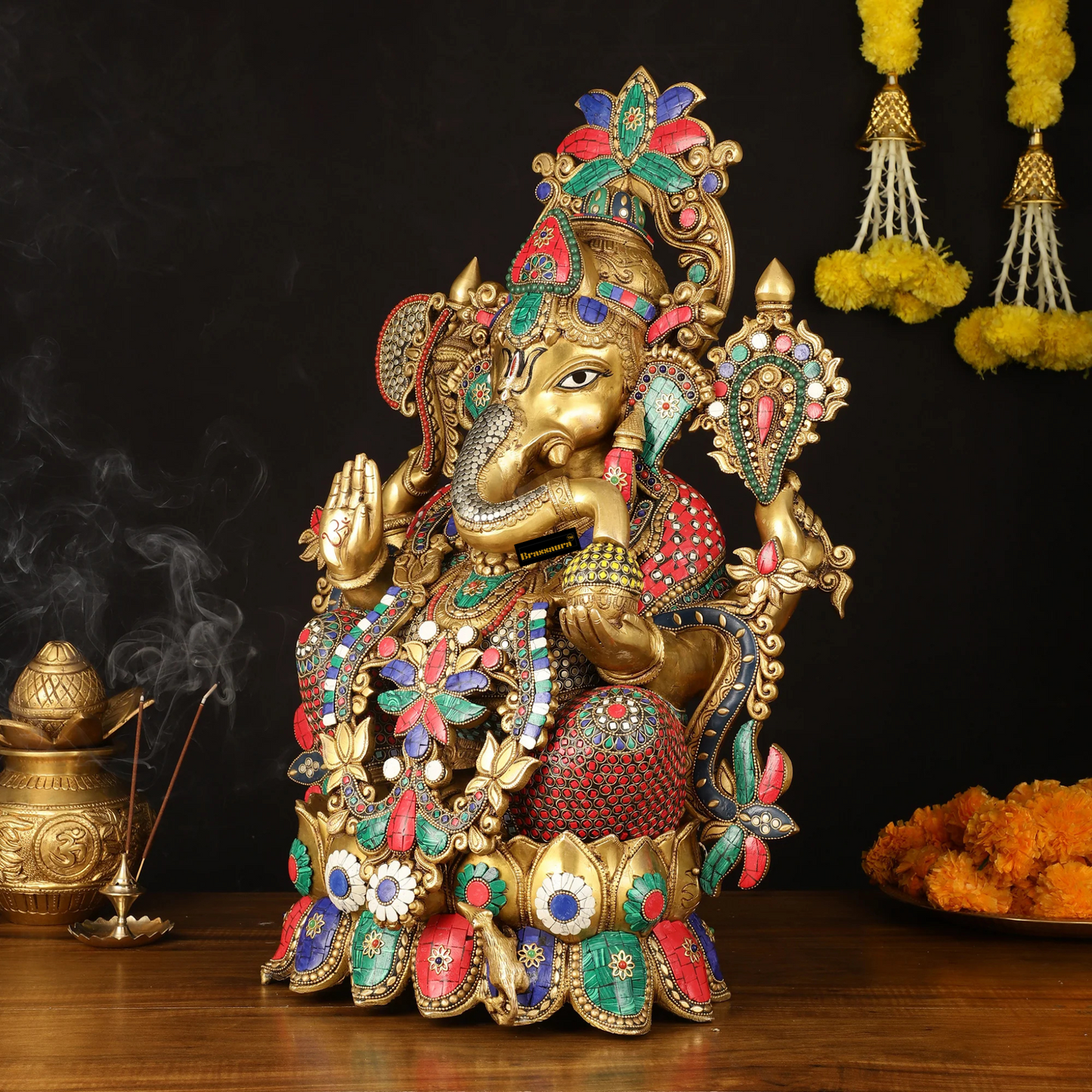 Brassaura™ Brass Superfine Lord Ganesha Idol with Lotus – 24 Inch Height | 32 kg | Stonework & Hand-Painted Eyes | Divine Home Décor