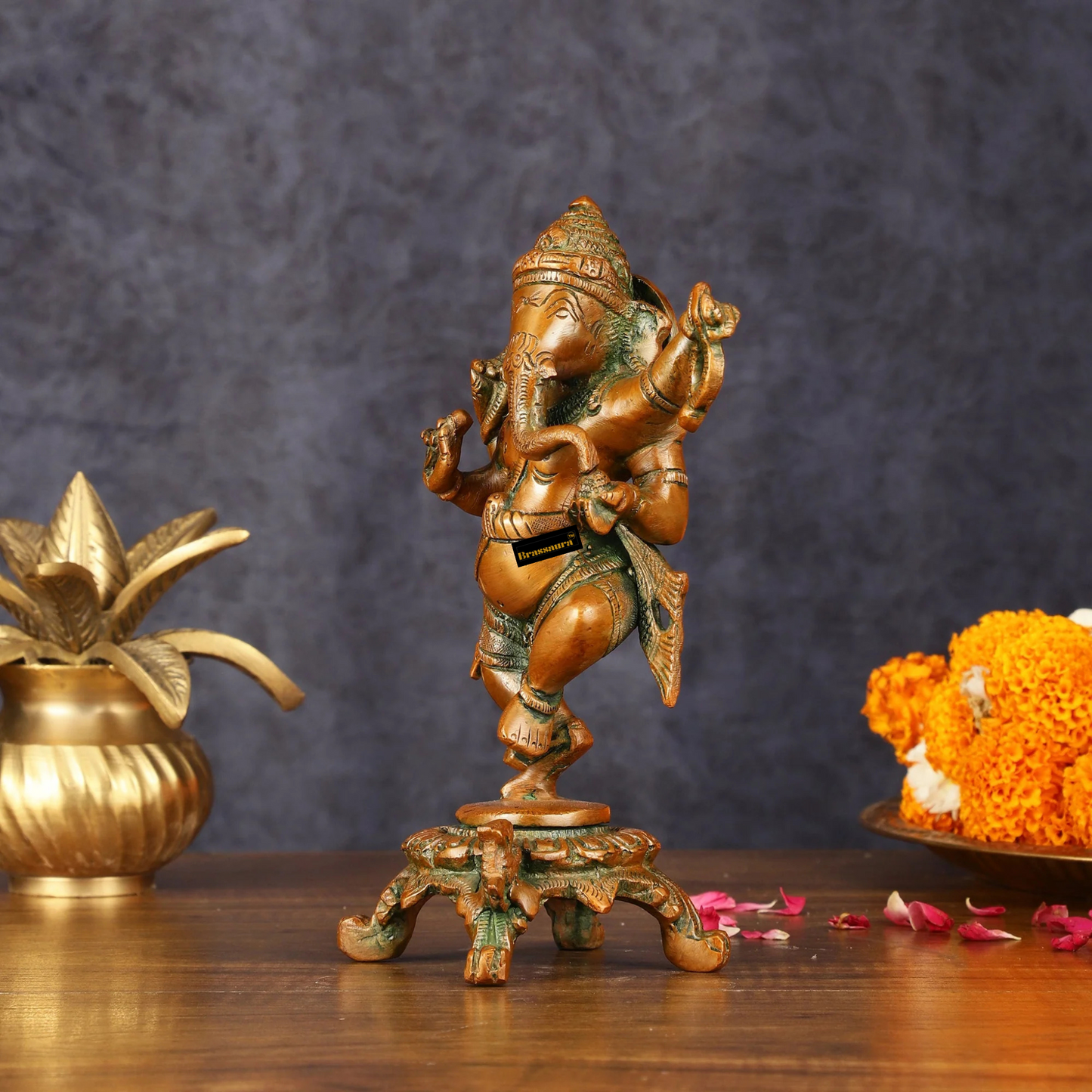 Brassaura™ Pure Brass Chola Ganesha Statue – 12 Inch Height | 5.5 kg | Antique Bronze Finish | Divine & Artistic Home Décor