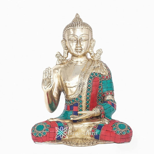 Brass Blessing Gem Stone Work Buddha Weight 3.4 kg & Height 9.5 Inch