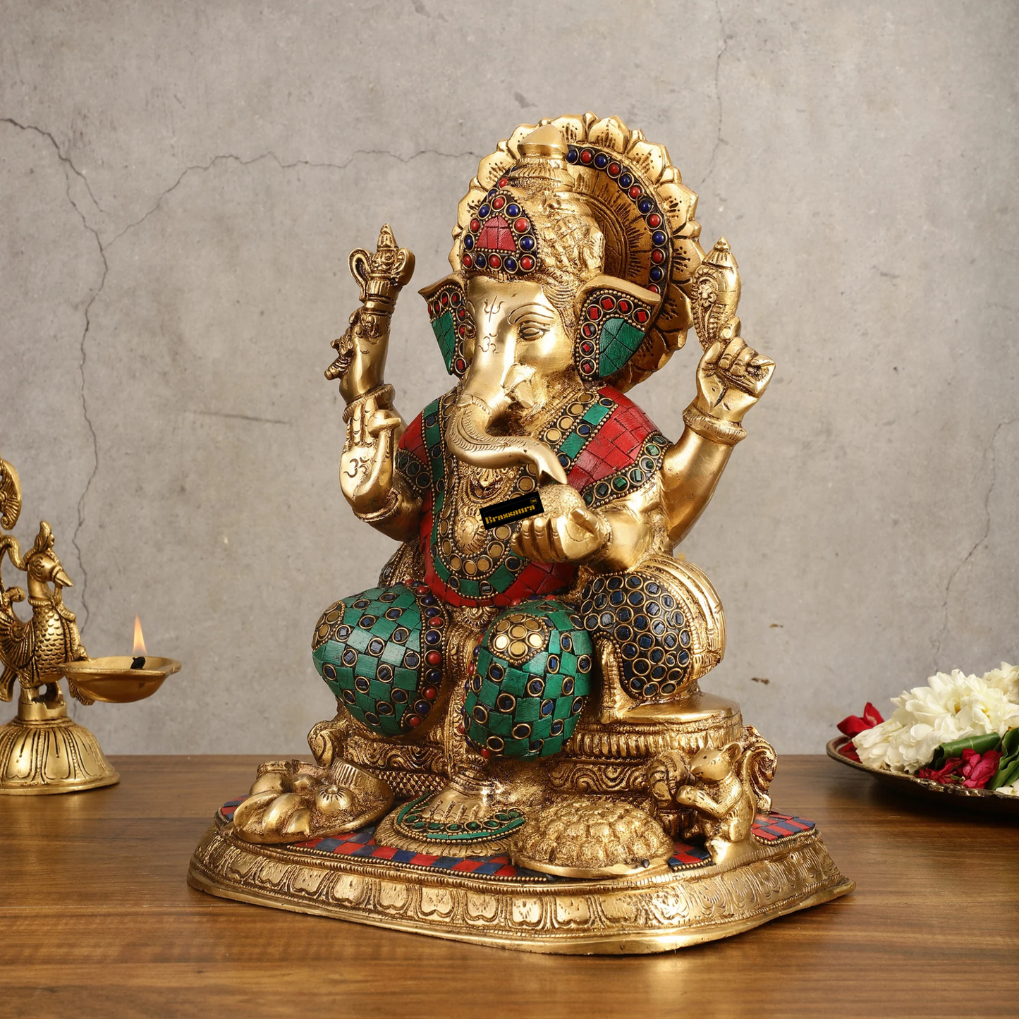 Brassaura™ Superfine Brass Ganesha Idol with Fruit Bowl & Modak Thali – 13 Inch Height | 12 Kg | Intricate Stonework