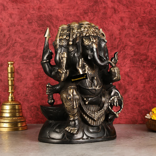 Brassaura™ Pure Brass Panchmukhi Ganesha Statue – Black & Gold Finish | Height 11 Inches, Weight 7.2 Kgs