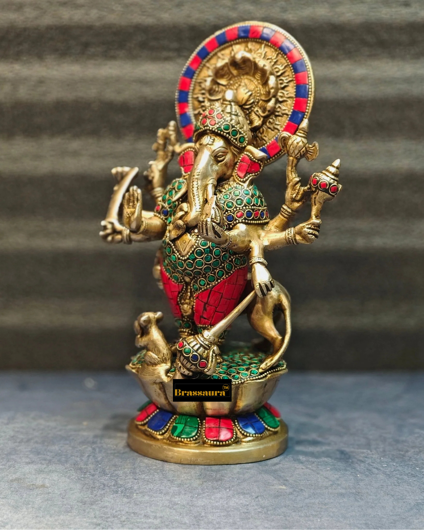 Brassaura™ Ashirwad Kanadrishti Vinayaka Brass Idol with Meenakari Stonework – Height 12 Inches & Weight 4.5 Kgs