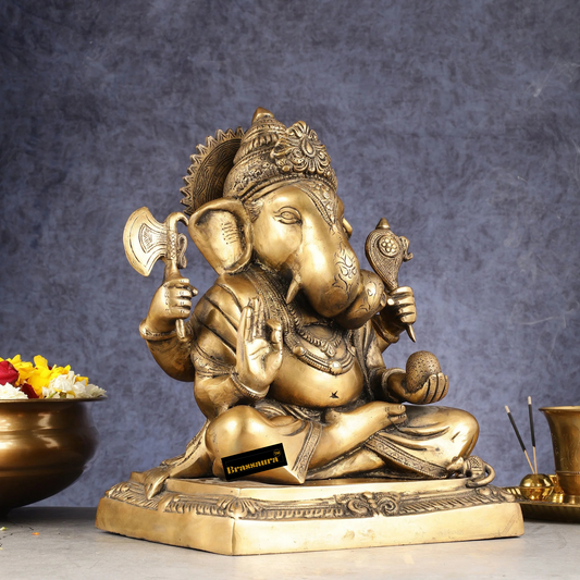 Brassaura® शुद्ध पीतल दगडूशेठ गणपति मूर्ति – ऊँचाई 14 इंच