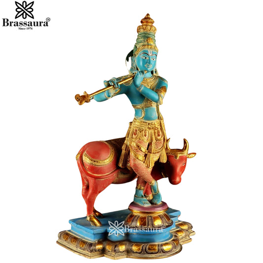 Brass Cow Krishna Murti Weight 27.2 Kg And Height 26 Inch