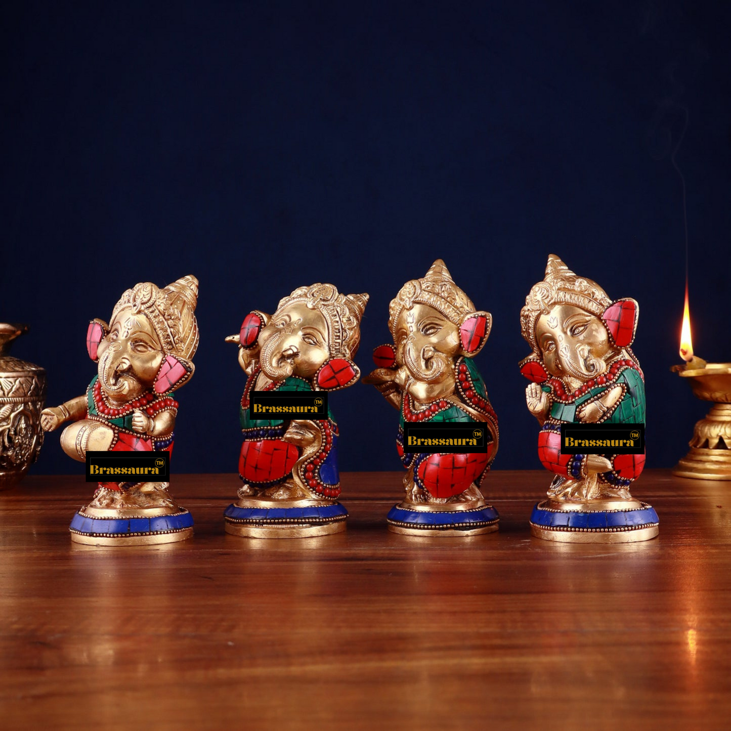 Brassaura™ Set of 4 Baby Brass Ganesha Idols – 5 Inch Height Each | 4 kg Total | Handcrafted with Stonework & Golden Accents