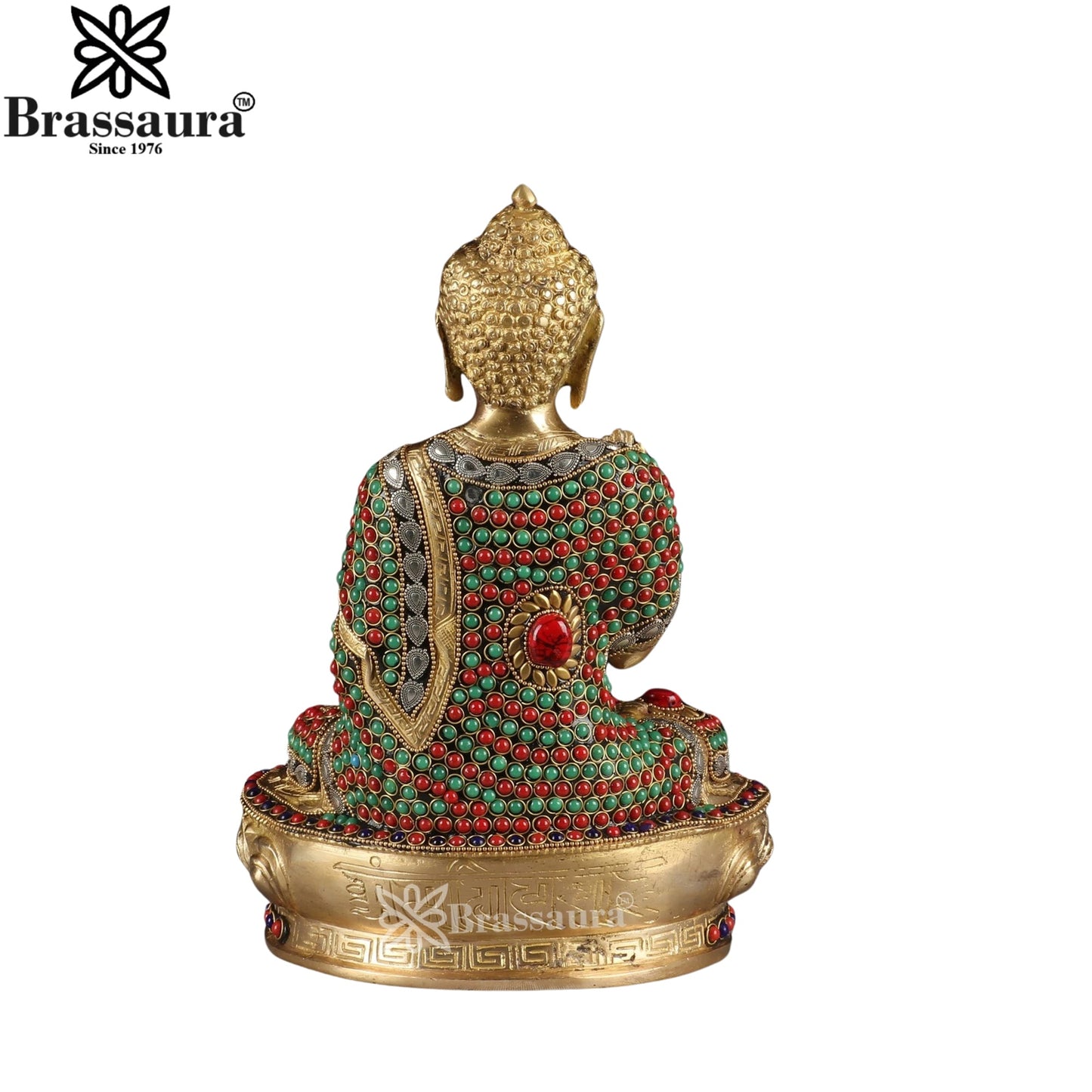 Brass Blessing Gem Stone Work Multicolored Buddha Weight 5.1 kg & Height 12 Inch