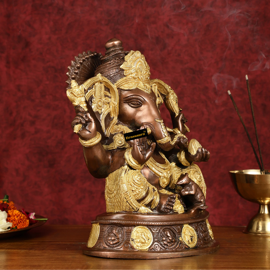 ब्रासौड़ा® शुद्ध पीतल भगवान गणेश प्रतिमा - दक्षिण कॉपर गोल्ड फिनिश | ऊँचाई 11 इंच