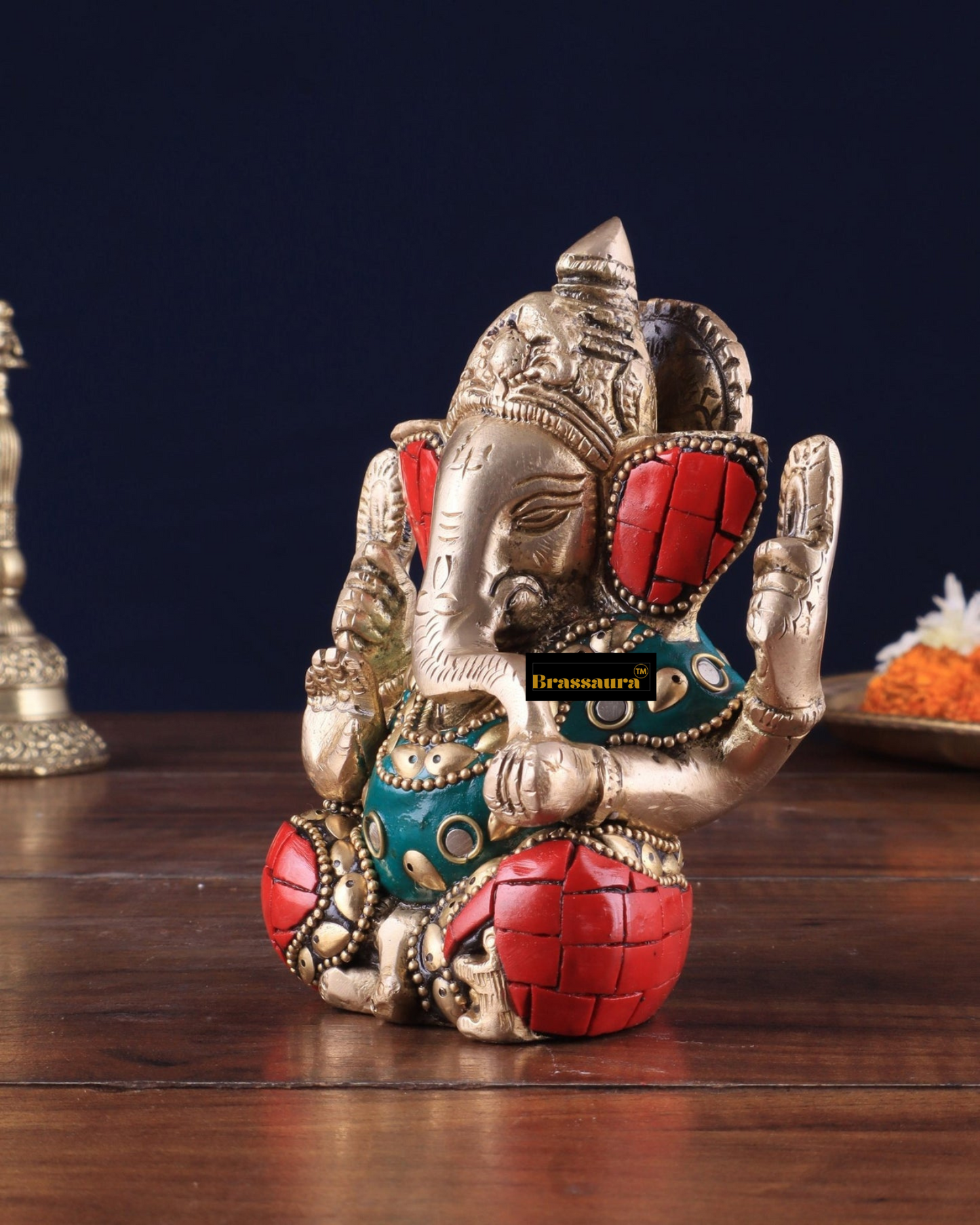 Brassaura™ Small Pure Brass Lord Ganesha Idol – 5 Inch Height | 0.8 kg | Intricate Stonework | Spiritual Décor