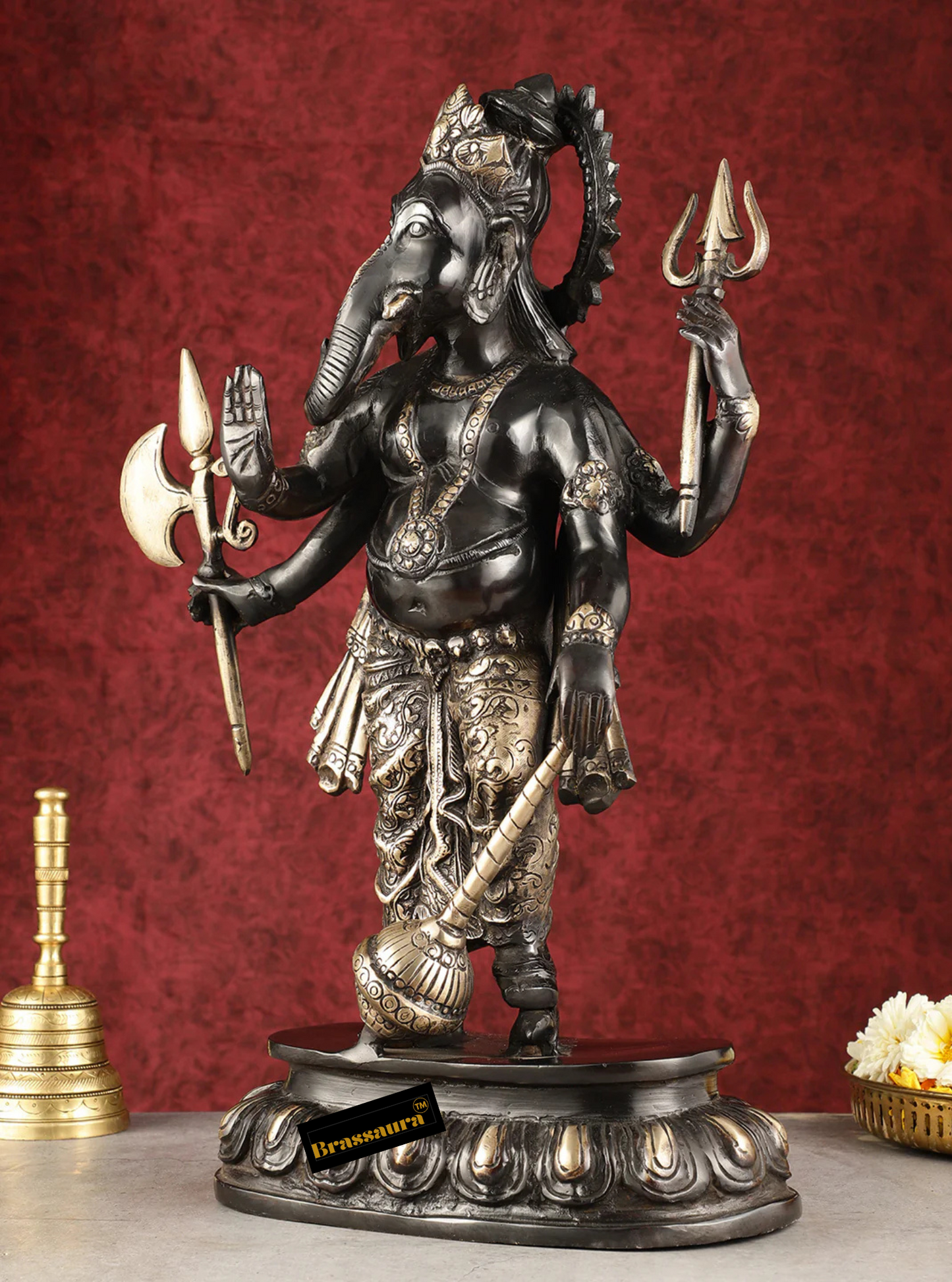Brassaura™ Pure Brass Standing Lord Ganesha – Black Finish | Height 18 Inches, Weight 14 Kgs
