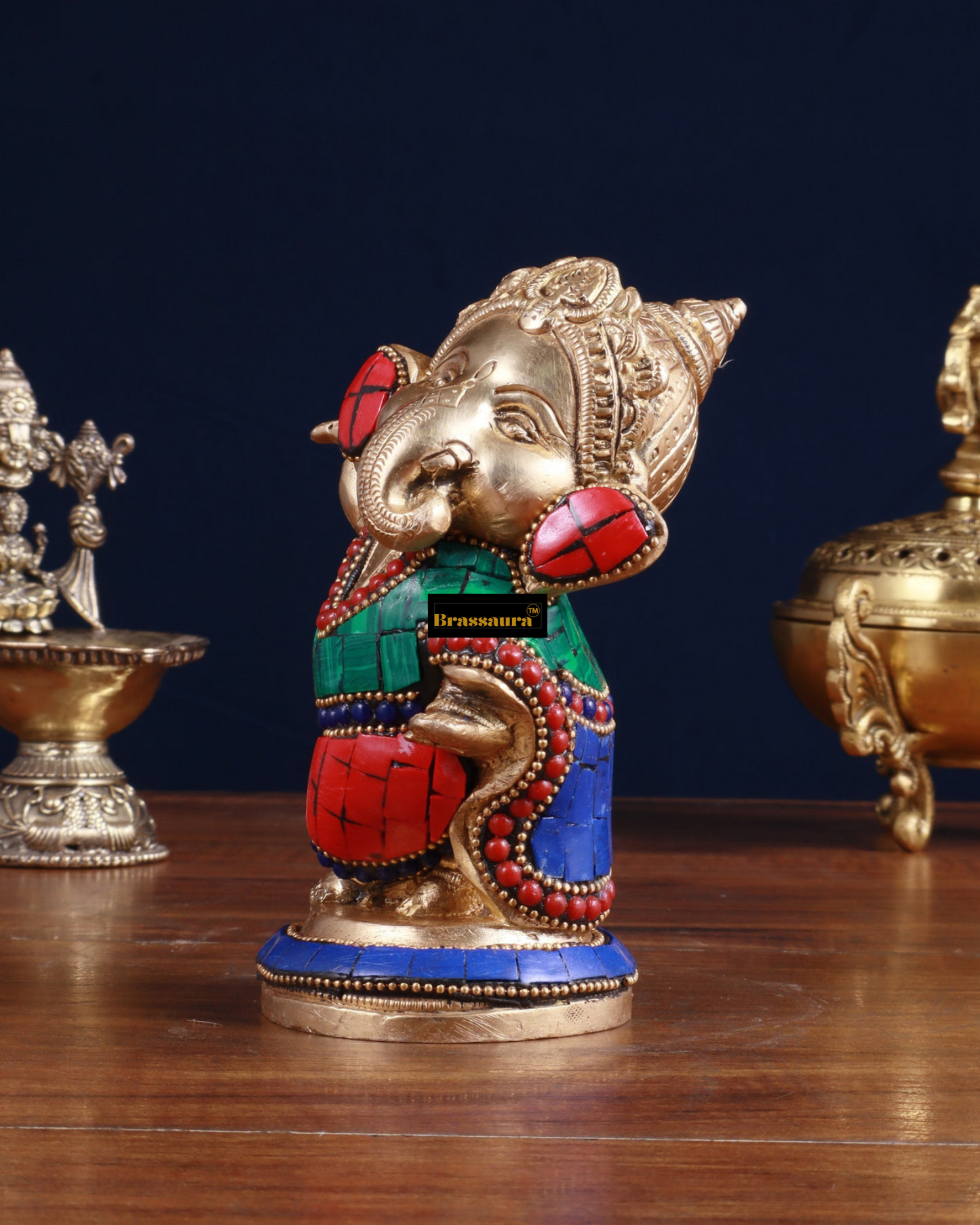 Brassaura™ Meenakari Brass Ganesha Idol – 5 Inch Height | 1 kg | Handcrafted with Stonework