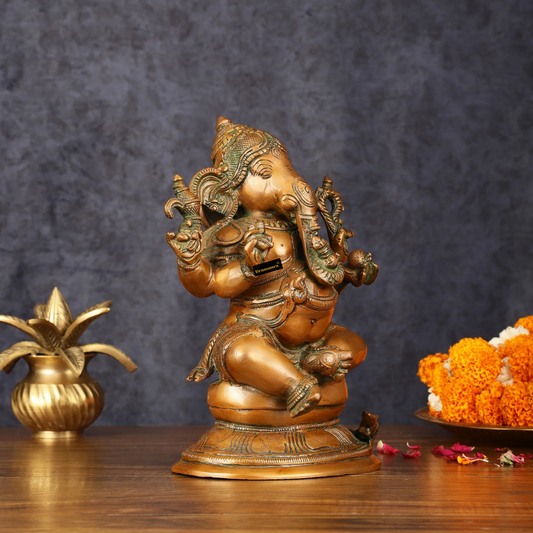 Brassaura™ Pure Brass Chola Ganesha Statue – 12 Inch Height | 5.5 kg | Antique Bronze Finish | Artistic & Spiritual Home Décor