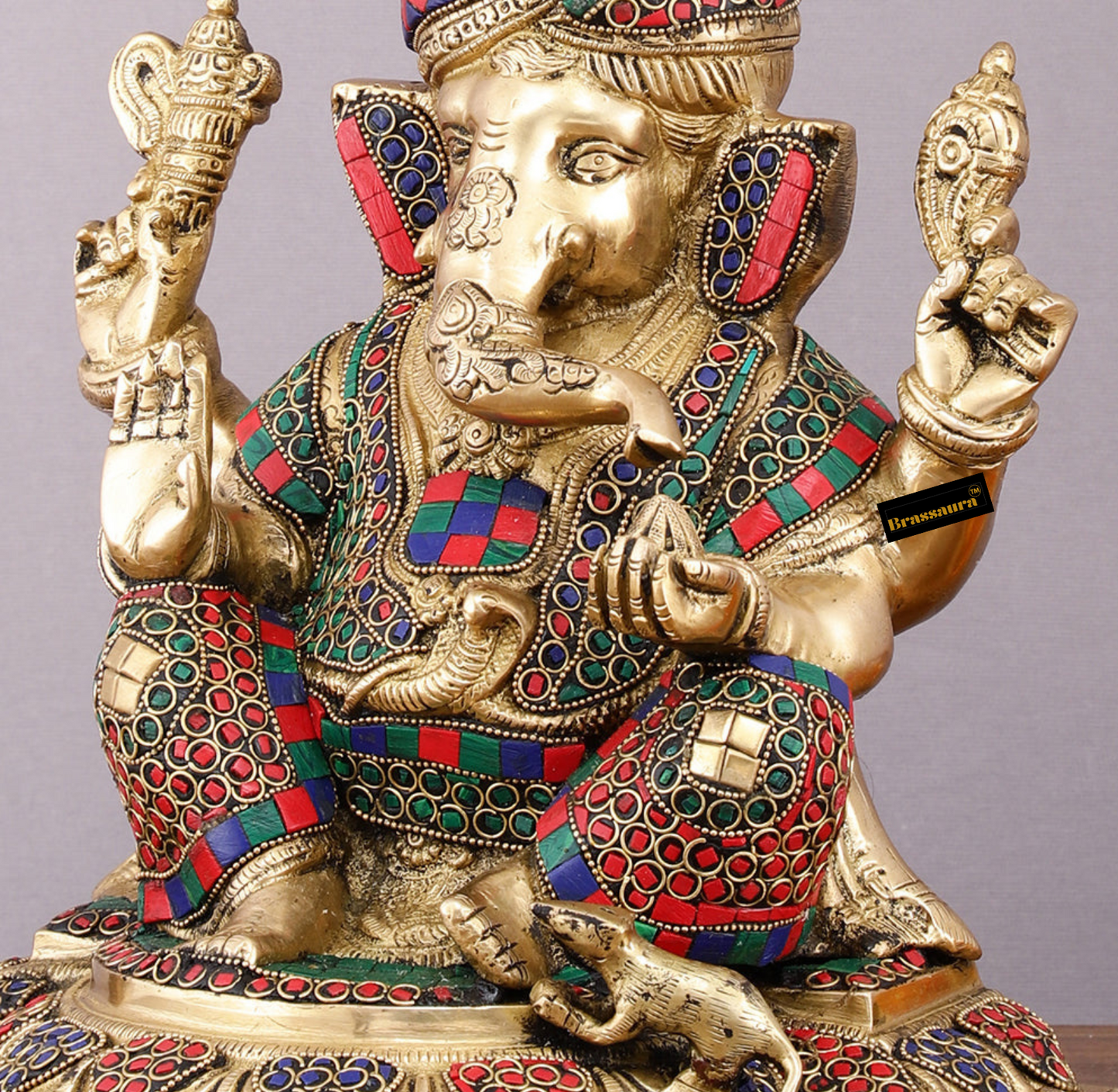 Brassaura™ Brass Superfine Handcrafted Lord Ganesha Idol with Pagadi – 11" Height, 7.5 kg – Meenakari Stonework