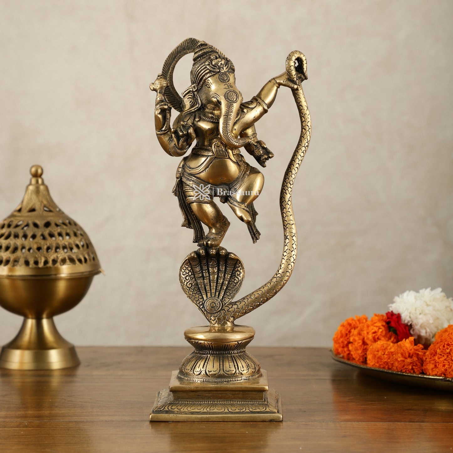 Brassaura™ Brass Ganesha Dancing on Vasuki Naag – 11.5" Height, 2.94 kg – Symbol of Divine Victory & Grace