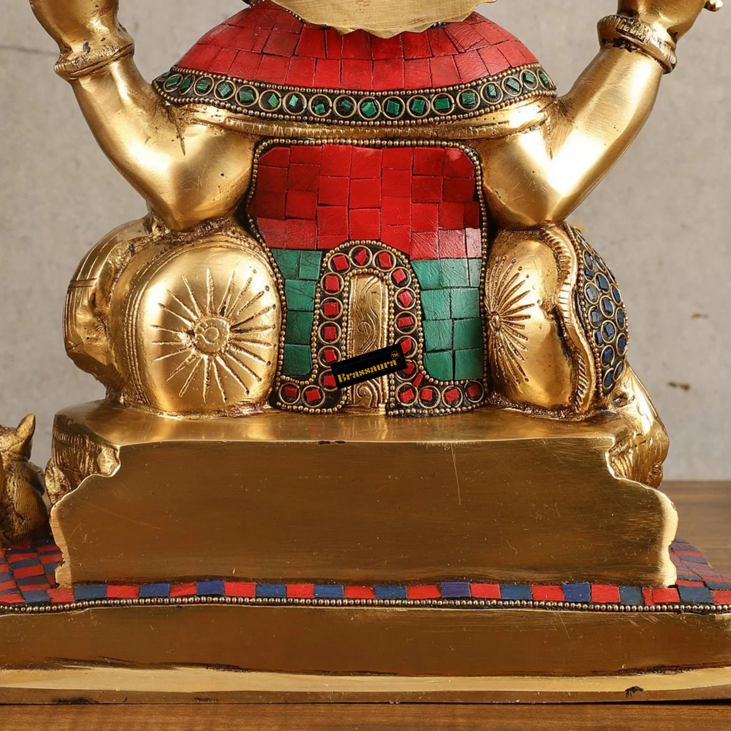 Brassaura™ Superfine Brass Ganesha Idol with Fruit Bowl & Modak Thali – 13 Inch Height | 12 Kg | Intricate Stonework