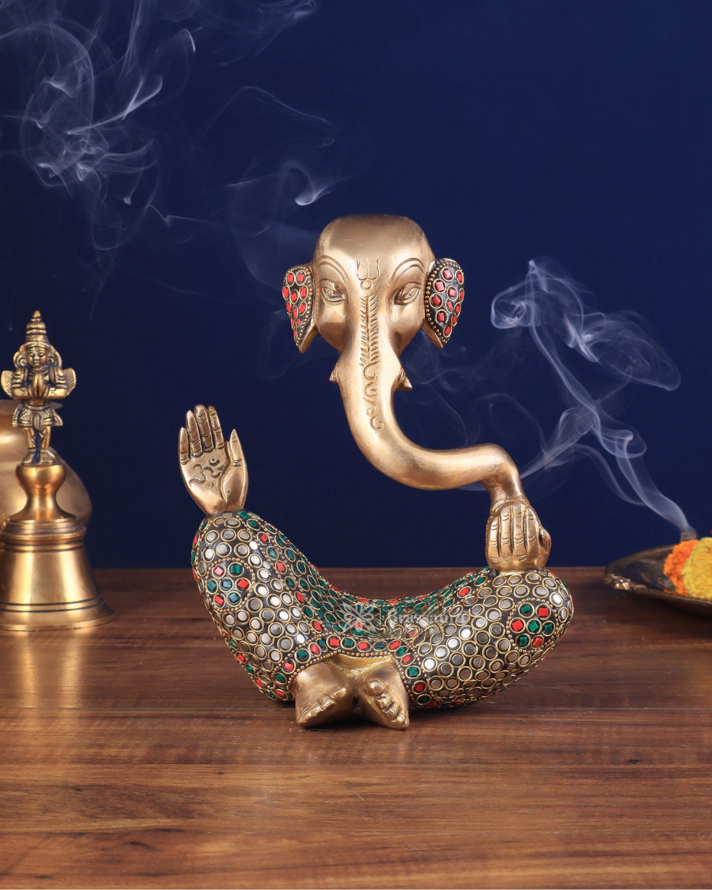 Brassaura™ Brass Ganesha Idol with Meenakari Stonework – Height 8.5 Inches, Weight 2.6 Kg – Multi-Coloured Home & Decor Statue