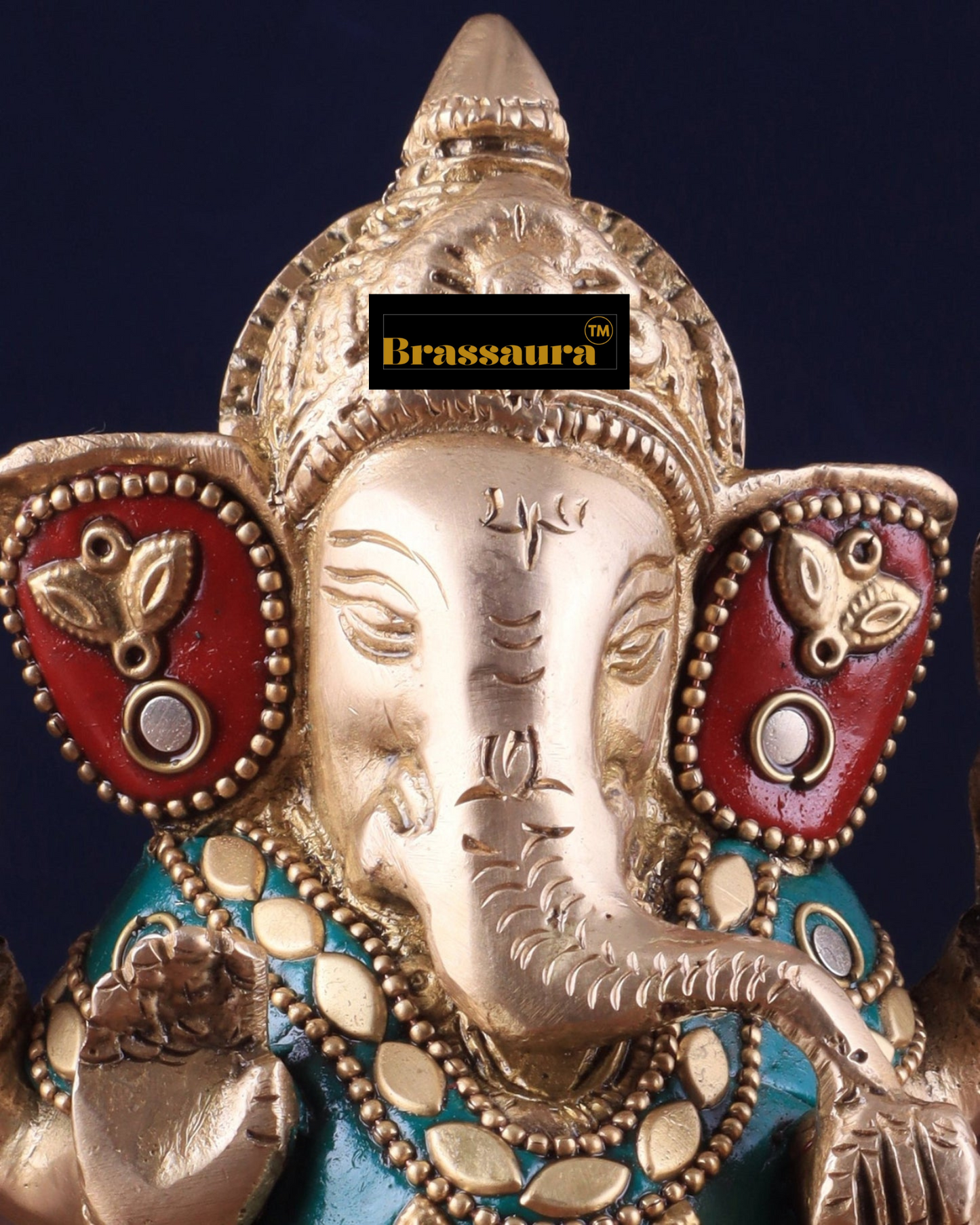 Brassaura™ Small Pure Brass Lord Ganesha Idol – 5 Inch Height | 0.8 kg | Intricate Stonework | Spiritual Home & Office Décor