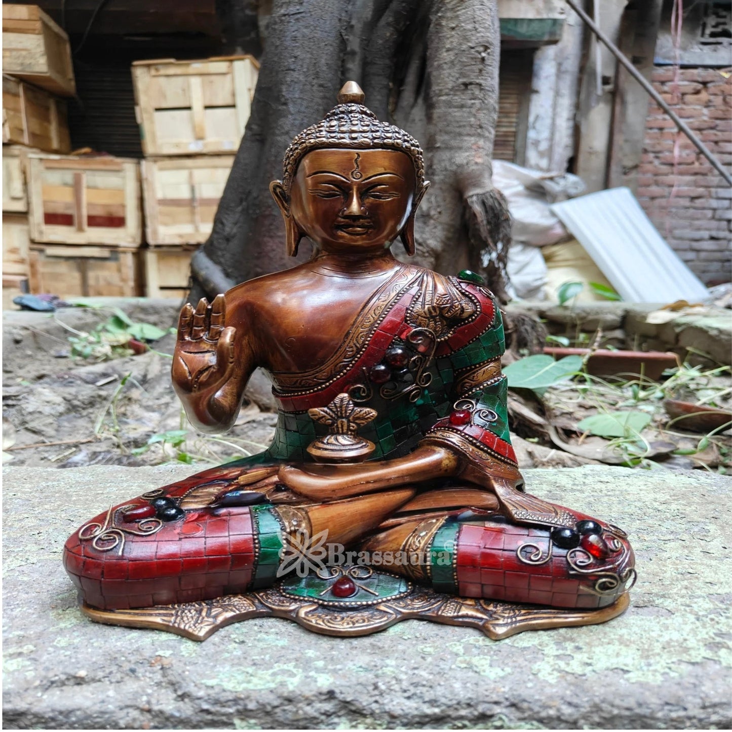 Brass Blessing Gem Stone Work Buddha Weight 4.4 kg & Height 10.5 Inch