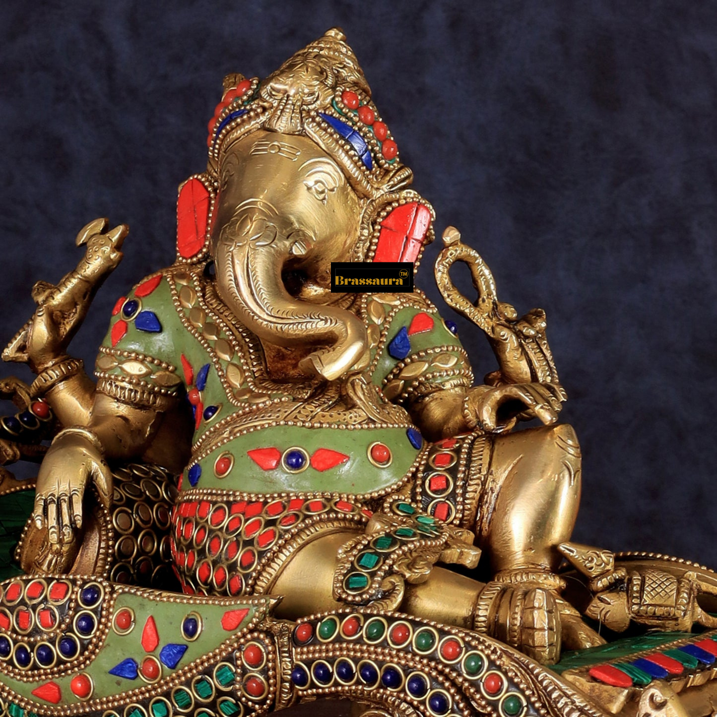 Brassaura™ Handcrafted Brass Ganapathi on Peacock Throne – 7.5 Inch Height | 4.5 kg | Multicoloured Stonework | Spiritual & Home Décor