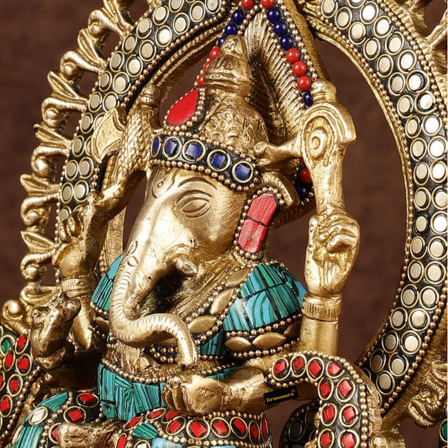 Brassaura™ Handcrafted Brass Ganesha Idol – Meenakari Stonework | Height 9.5 Inches, Weight 3 Kgs