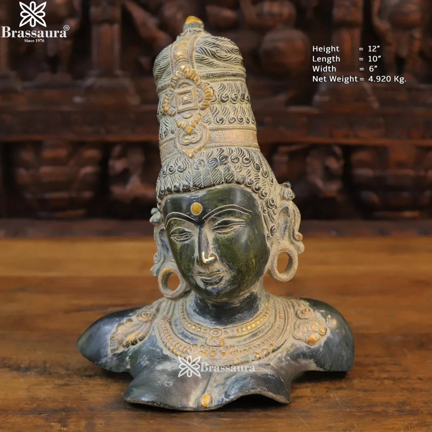 Brass Vintage Parvati Head Statue Weight 4.92 Kg And Height 12 Inch