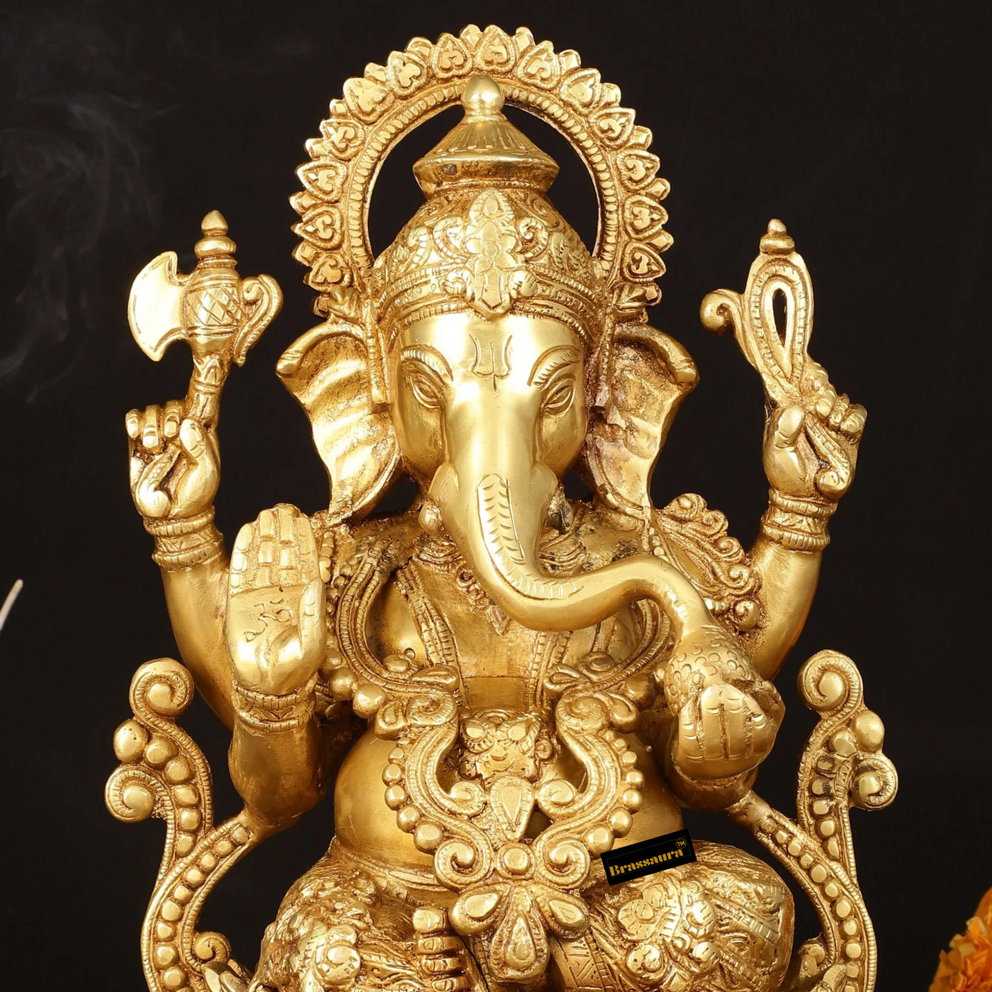 Brassaura™ Handcrafted Pure Brass Ganesha Idol on Lotus – 12.25 Inch Height | 8 kg | Golden Finish | Elegant Décor for Home, Office & Temple