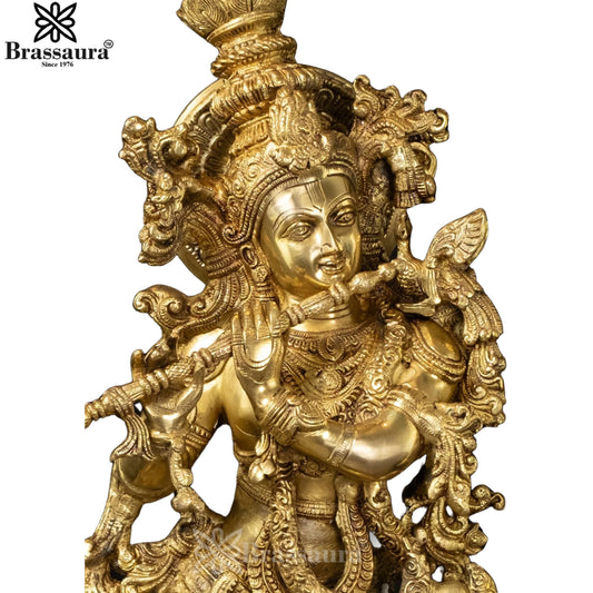 Brassaura® Premium Brass Lord Krishna Playing Flute with Sacred Cow Idol | Handcrafted Golden Brass Krishna Murti for Home Temple, Mandir & Luxury Spiritual Décor | Height 26 Inches | Weight 23 Kg
