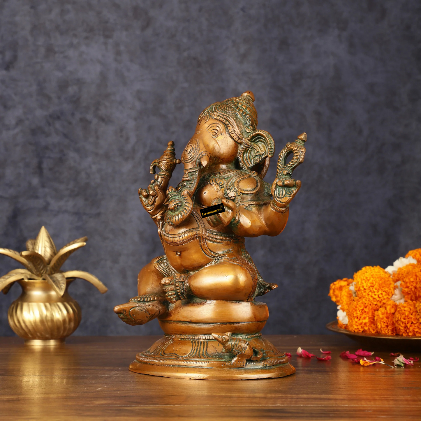 Brassaura™ Pure Brass Chola Ganesha Statue – 12 Inch Height | 5.5 kg | Antique Bronze Finish | Artistic & Spiritual Home Décor