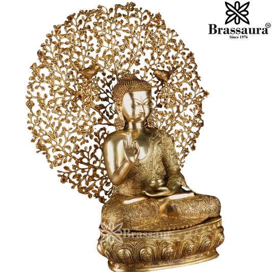 Brassaura™ Brass Buddha With Tree – Height 30 Inches & Weight 27.3 Kgs | Serene Meditation Sculpture for Temple & Home Décor