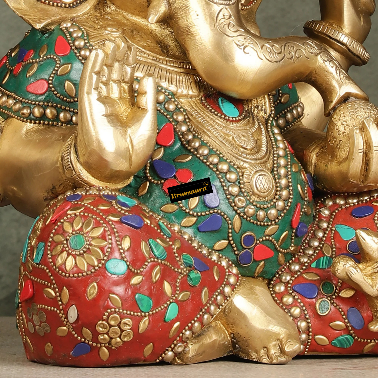 Brassaura™ Pure Brass Ganapati Idol – Stonework Detailing | Height 12.5 Inches, Weight 11 Kgs
