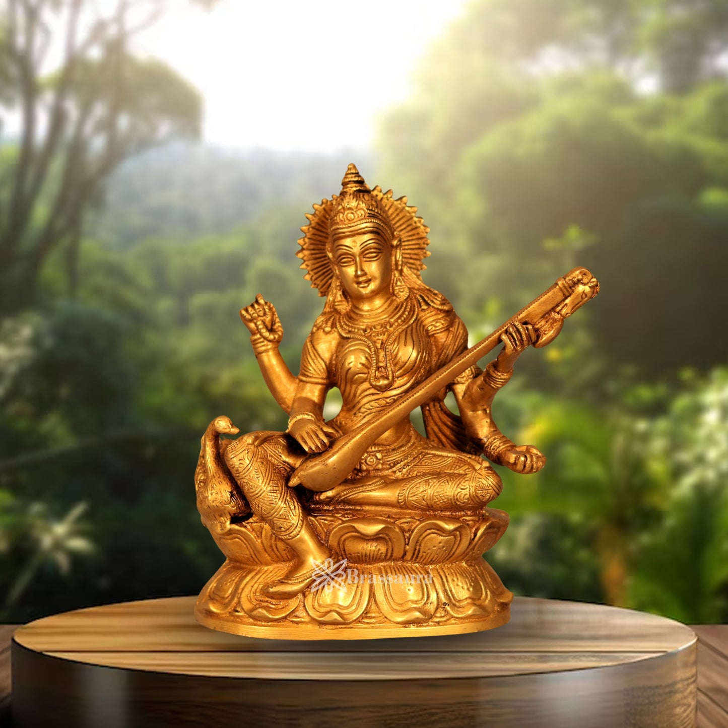 Brassaura™ Brass Saraswati Idol with Veena – Height 9.2 Inches & Weight 3.6 Kgs | Devotional Sculpture