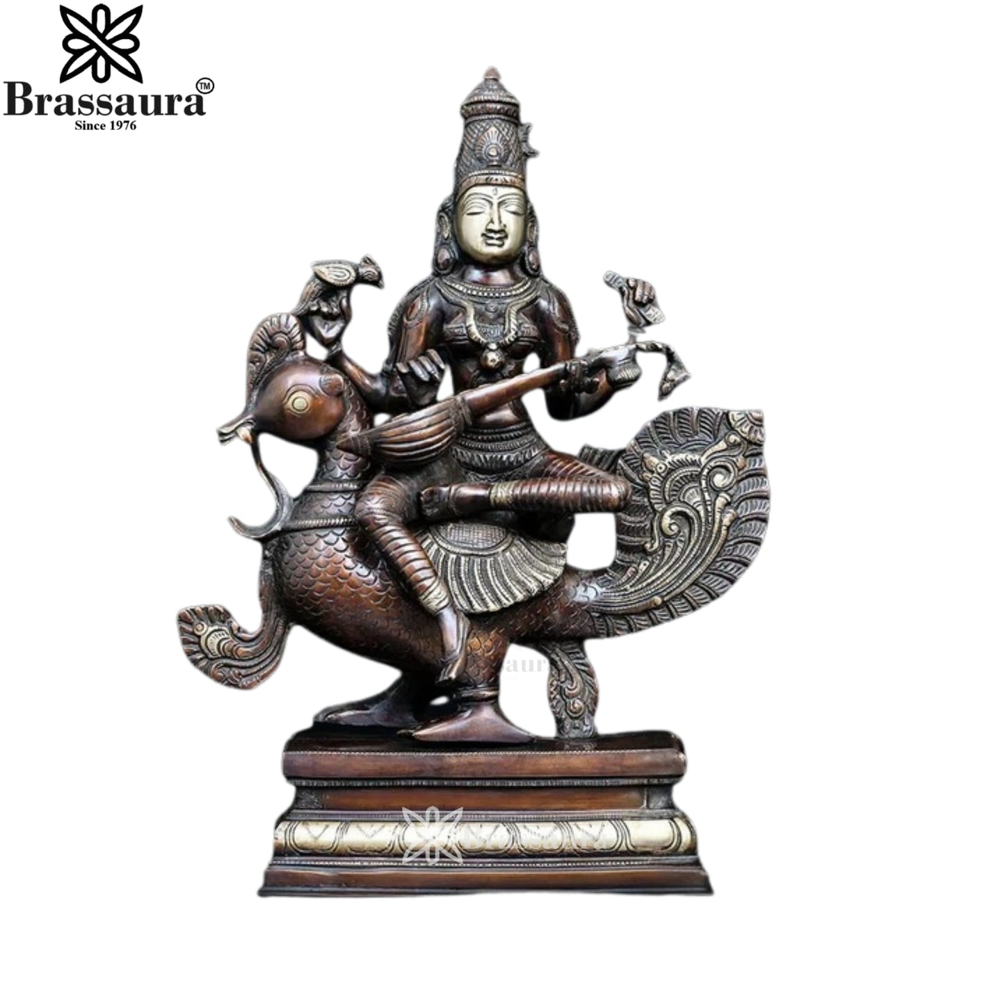 Brassaura™ Artistic Brass Saraswati Idol – Height 19 Inches & Weight 14.2 Kgs | Puja & Temple Décor