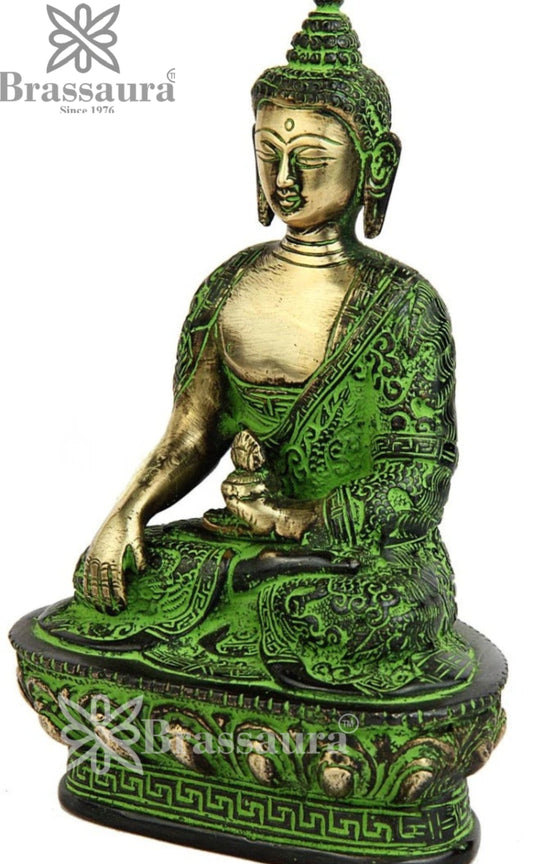 Brassaura® Buddha Sitting in Bhumisparsha Mudra with Green Antique Finish & Gold Highlights | Pure Superfine Brass Handcrafted Murti | Brass Statue for Home Temple, Pooja Room | Height 7 Inches | Weight 1 Kg