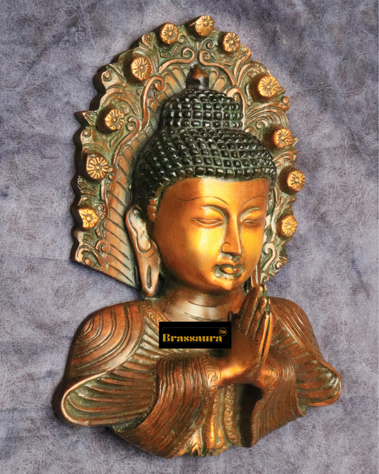 Brassaura™ Pure Brass Buddha Face Wall Hanging – Height 9.5 Inches, Weight 1.6 Kgs