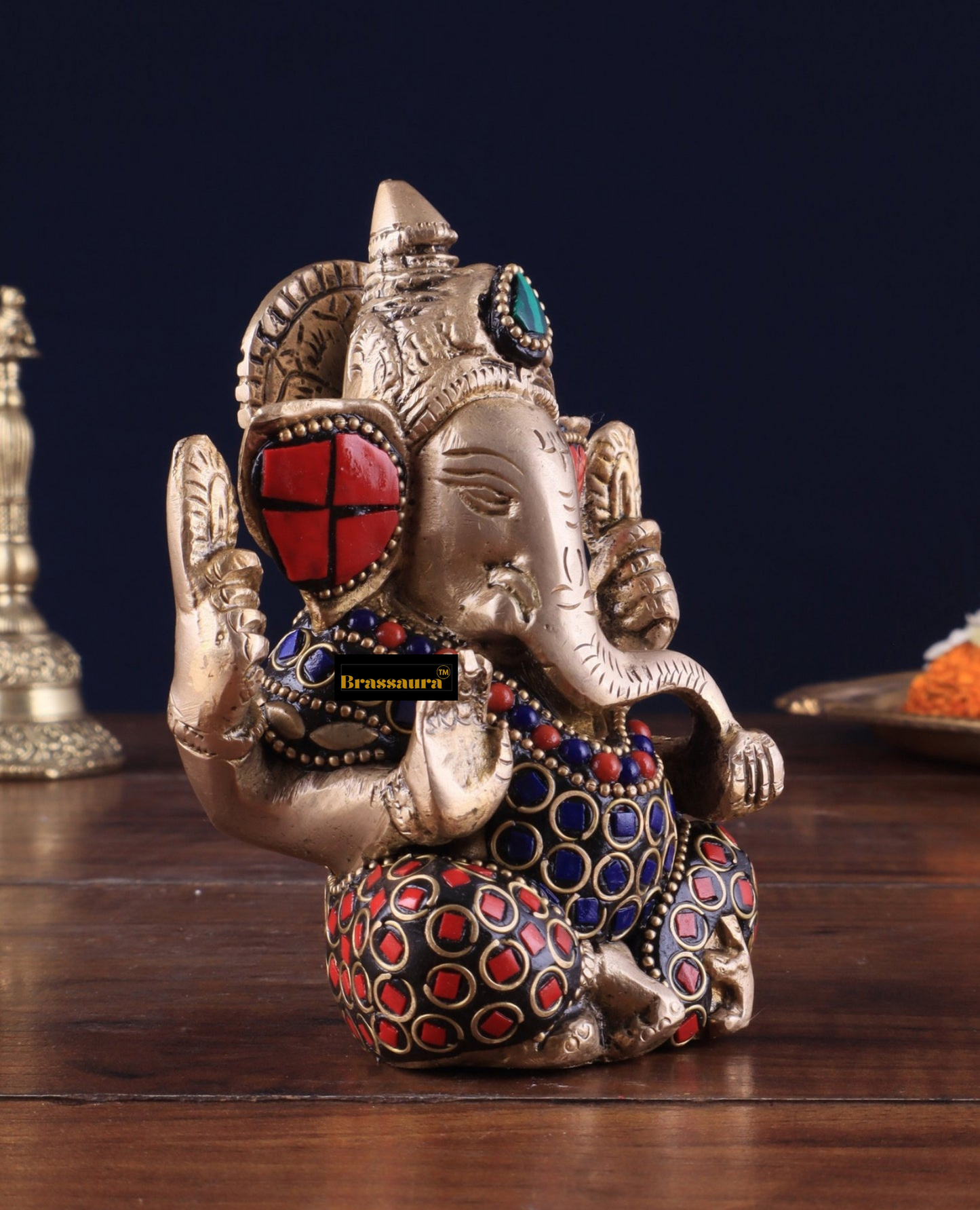 Brassaura™ Small Pure Brass Lord Ganesha Idol – 5" Height, 0.8 kg – Intricately Adorned with Stonework
