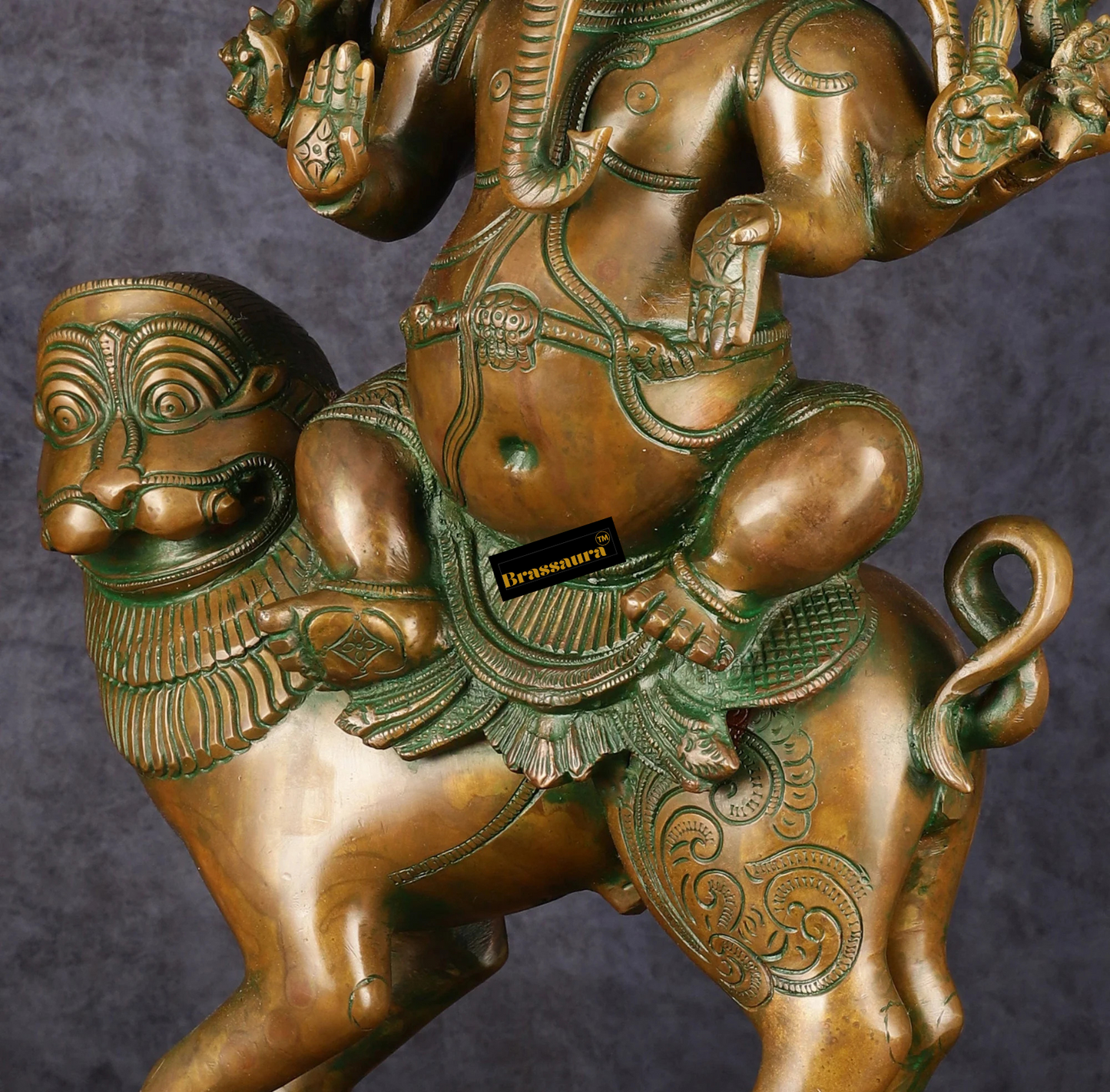 Brassaura™ Heramba Ganapati Brass & Copper Idol – 22.5 Inch Height | 25 kg | Antique Bronze Patina | Five-Headed Ganesha with Lion Vahana