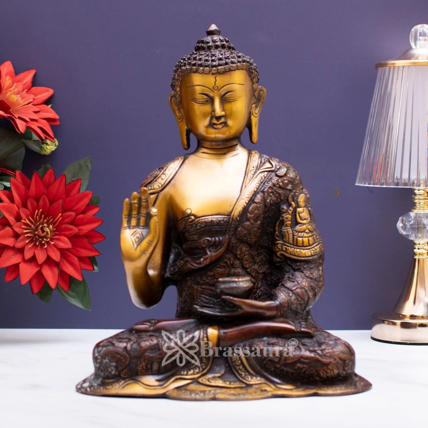 Brass Blessing Gem Stone Work Buddha Weight 4.5 kg & Height 11 Inch