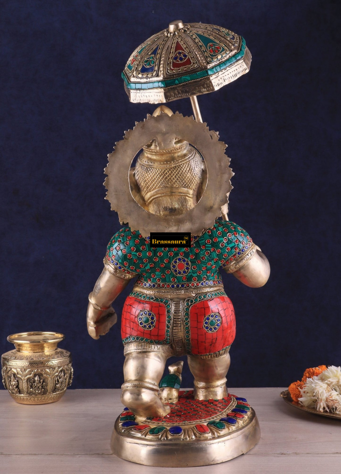 Brassaura™ Brass Lord Ganesha Holding Umbrella – 24" Height, 14 kg – Meenakari Stonework Masterpiece